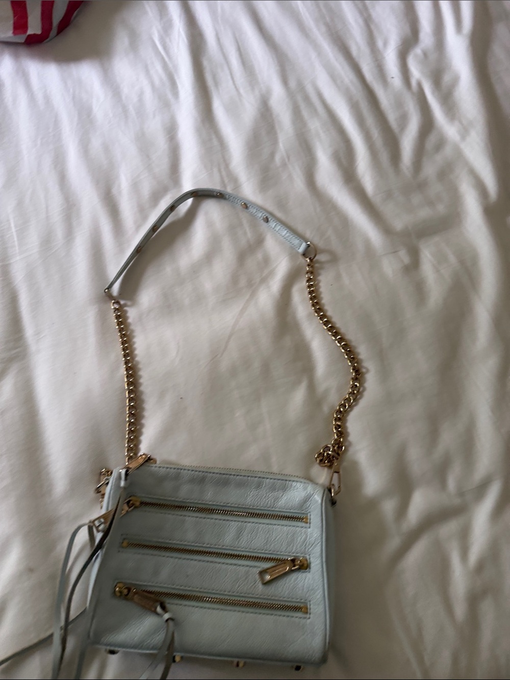 Rebecca Minkoff 5 Zippers Mini Light Blue Crossbody with Gold Chain